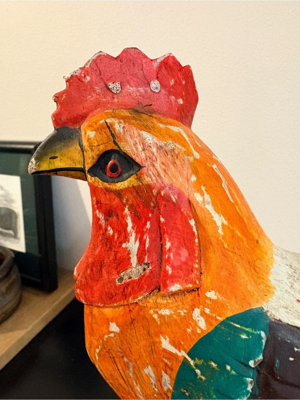 Vintage Handcarved Painted Wooden Rooster Statue - Multicolor